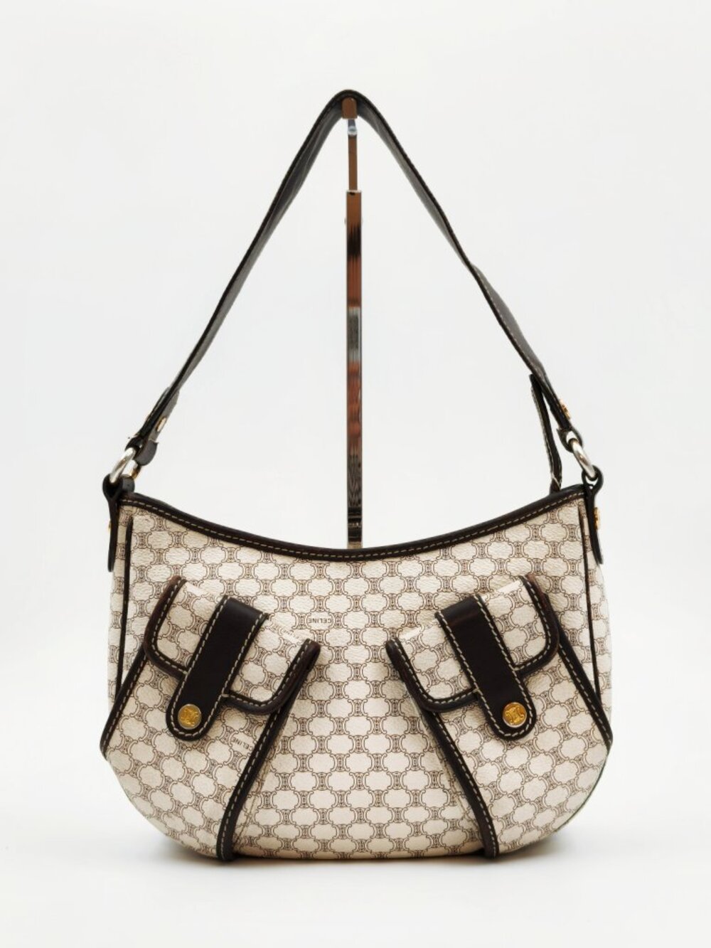 Celine Macadam Shoulder Bag Brown Leather Trim Monogram Hobo Bag - Picture 2 of 15
